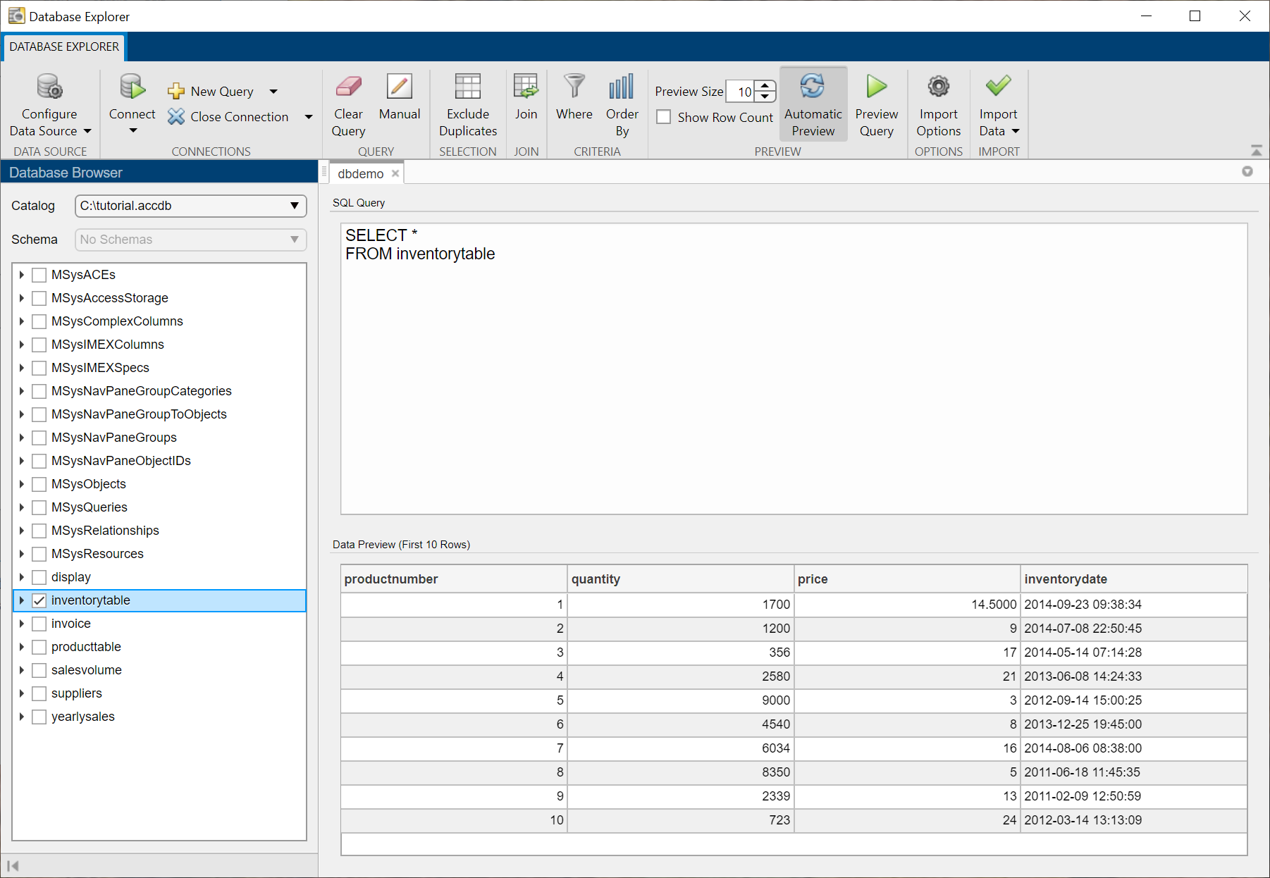 The Database Browser pane shows the selected table inventoryTable in the Database Explorer app. The SQL Query pane shows the SQL SELECT statement to select all data in the table. The Data Preview pane displays the data for the first 10 rows in the table.