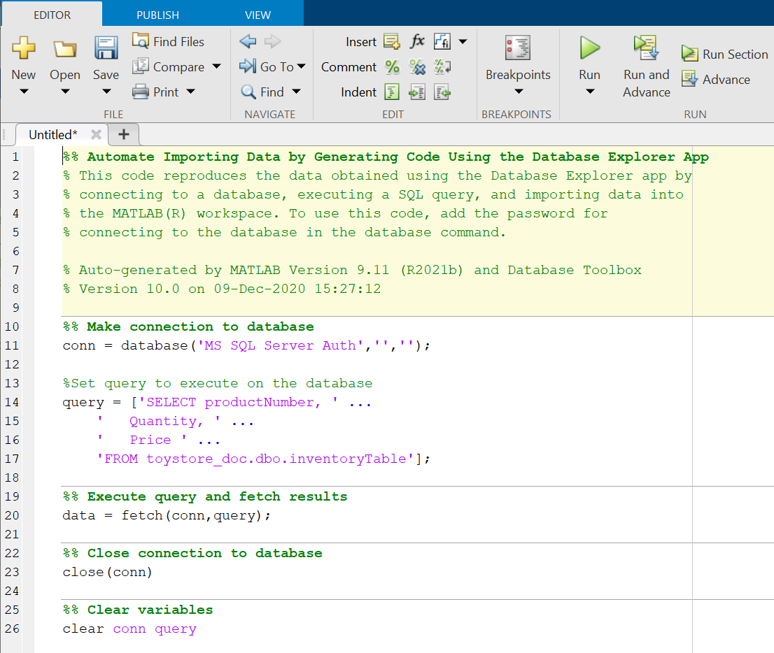 The Editor tab shows an Untitled file that contains the generated code that connects to the Microsoft SQL Server database by using an authenticated connection. The code also writes the SQL SELECT query that selects the productNumber, Quantity, and Price columns from the inventoryTable database table, executes and returns the results of the SQL query, and closes the database connection.