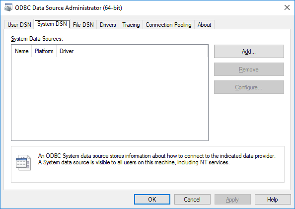 ODBC Data Source Administrator (64-bit) dialog box with the selected System DSN tab