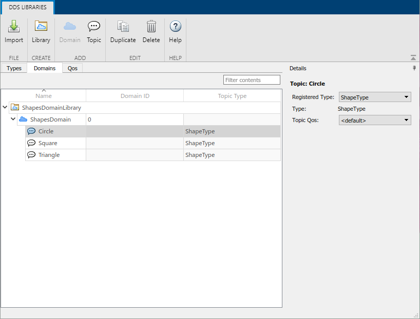 DDS dictionary displaying the Domains tab.