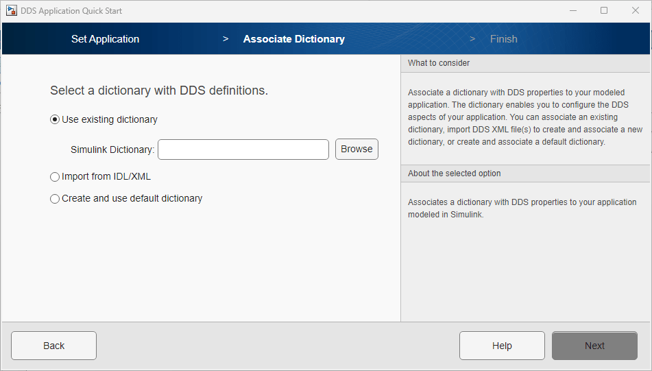 Display of dictionary options in Associate Dictionary pane of DDS Application Quick Start.