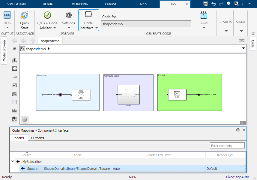 Inports tab of the Code Mappings editor open in DDS model.