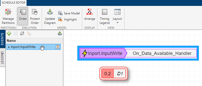 Display of the Schedule Editor showing the input event binding with the partition.