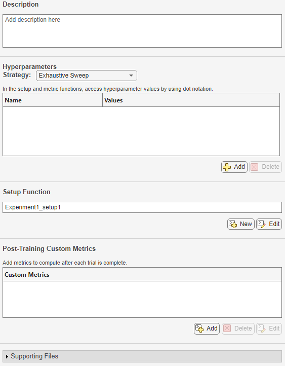 Experiment definition tab showing the default configuration for a built-in training experiment