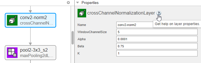 Cross channel normalization layer selected in Deep Network Designer. The PROPERTIES pane shows the properties of the layer.