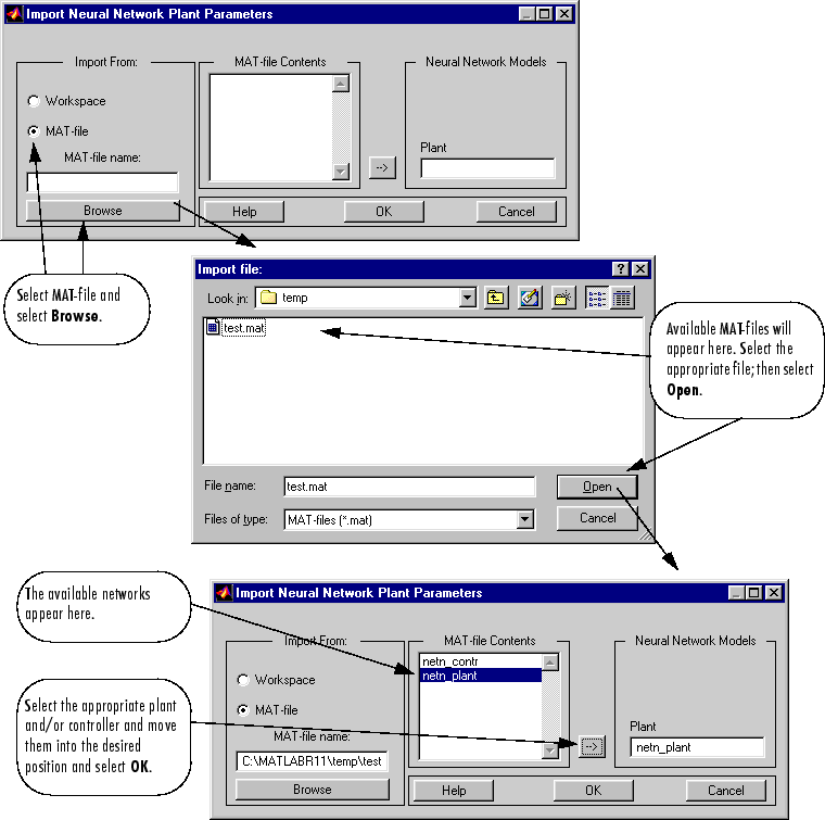 Screenshots of "Import Neural Network Plant Parameters" and "Import File" dialogue boxes