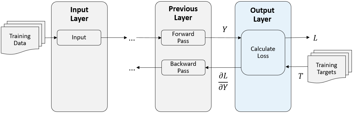 Network diagram showing the flow of data through a neural network during training.