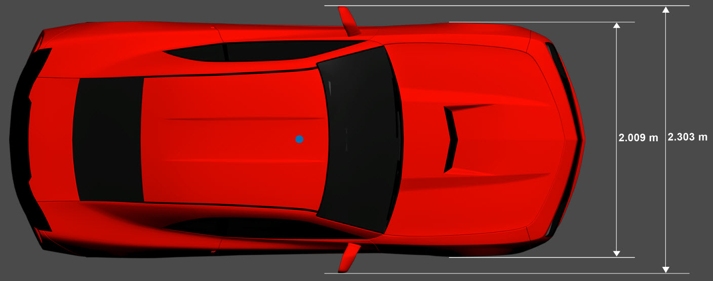 Top-down view of muscle car with the origin marked in blue at its center and its width dimensions shown. The width not including rear-view mirrors is 2.009 meters. The width including rear-view mirrors is 2.303 meters.