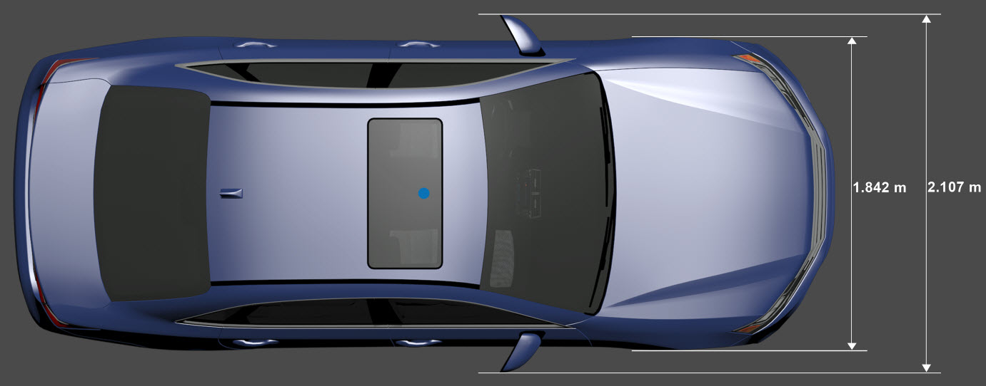 Top-down view of sedan with the origin marked in blue at its center and its width dimensions shown. The width not including rear-view mirrors is 1.842 meters. The width including rear-view mirrors is 2.107 meters.