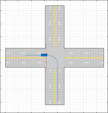 Vehicle turning left at an intersection as a pedestrian crosses the road from top to bottom
