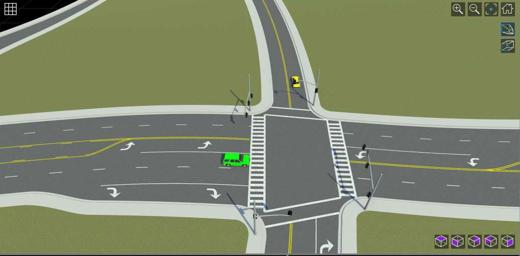 The RoadRunner Scenario viewer shows a 4-way intersection with traffic lights from above. A green SUV is entering the West side of the intersection, traveling East. A yellow Sedan is exiting the North side of the intersection.
