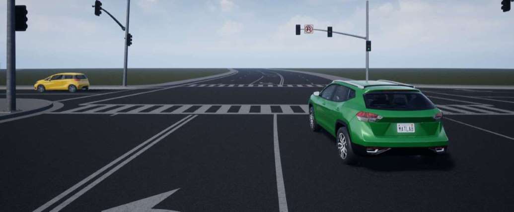 The Unreal Engine 3D Viewer shows a view of a 4-way intersection from just above the road on the West side of the intersection looking East. A green SUV is just in front of the camera, entering the intersection from the West side. A yellow Sedan is in front and to the left of the camera, exiting the intersection's North side.