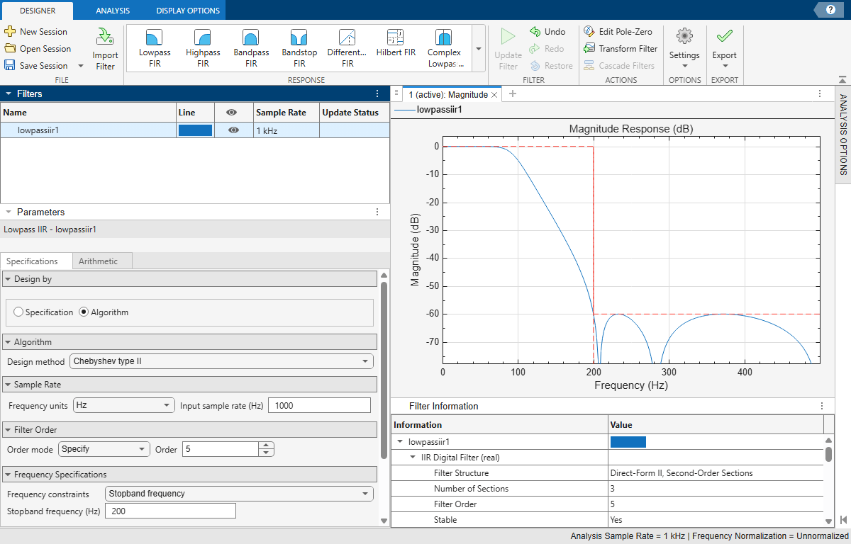 Chebyshev lowpass filter design and visualization using Filter Designer app