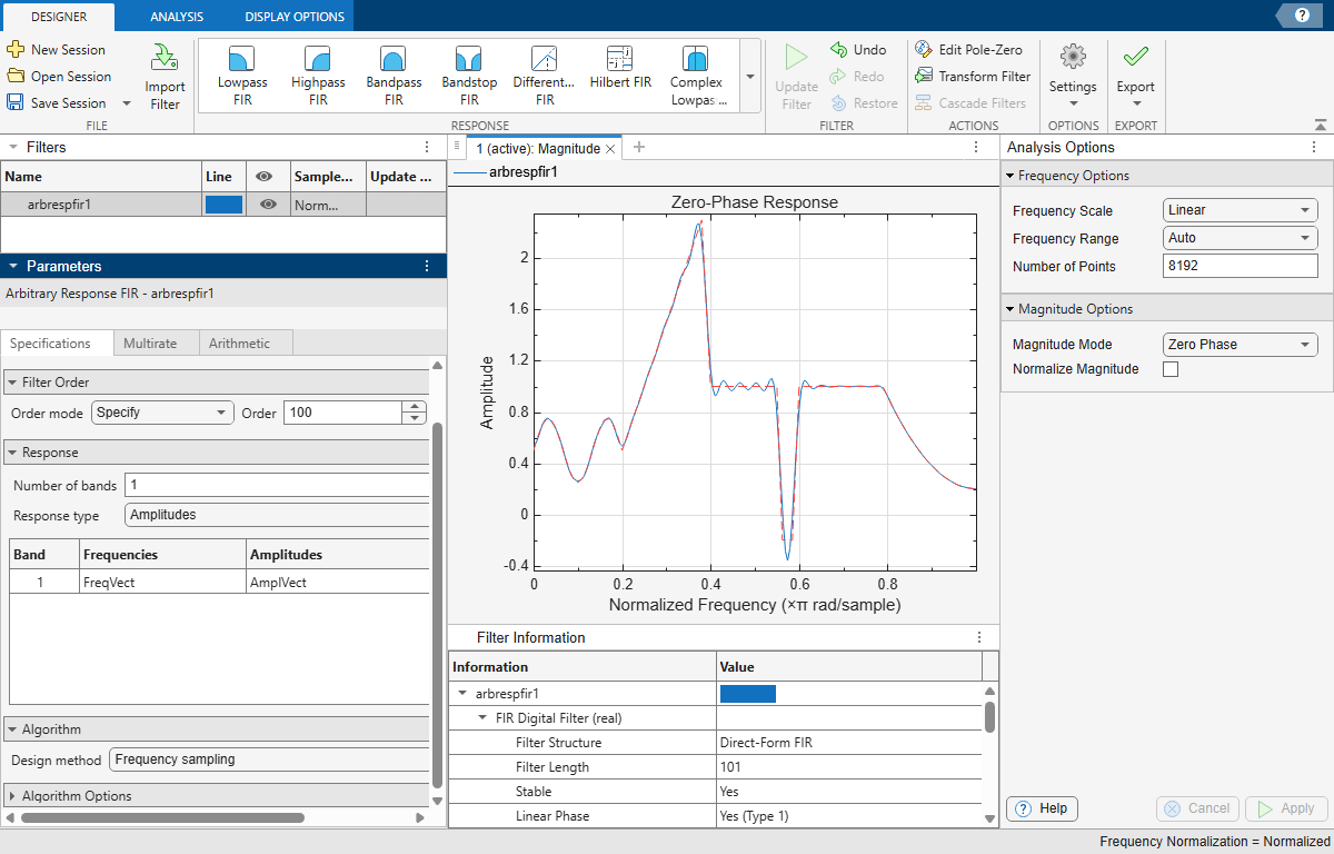 Arbitrary magnitude filter design and visualization using Filter Designer app