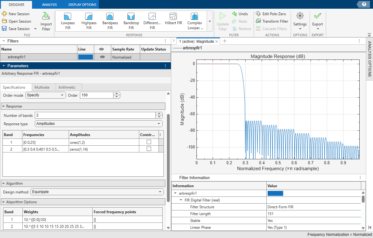 Stepped attenuation lowpass filter design and visualization using Filter Designer app