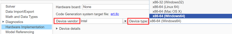 Choose Code Generation on the left. In the middle section of the window, enter ert.tlc for the System target file.