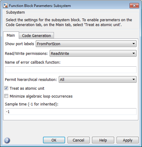 Use the Function Block Parameters dialog box to configure the subsystem.