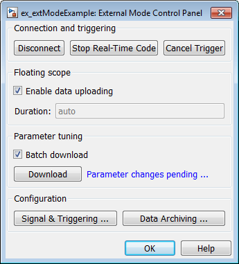 The External Mode Control Panel dialog box appears with the Batch download option activated and parameter changes pending.
