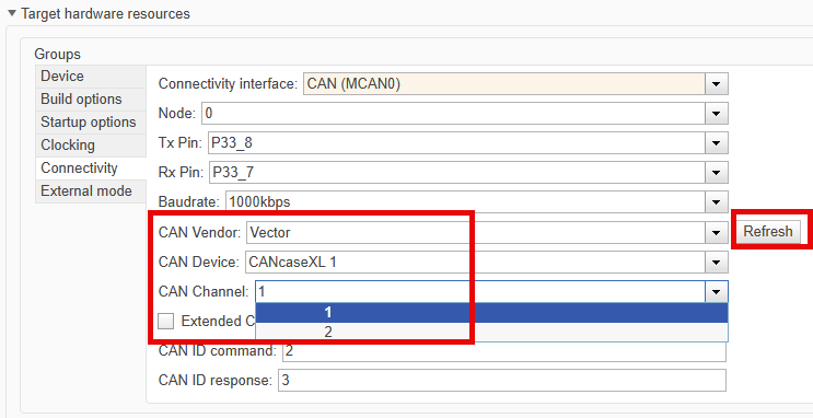 Select vendor specific CAN parameters in configuration parameters window