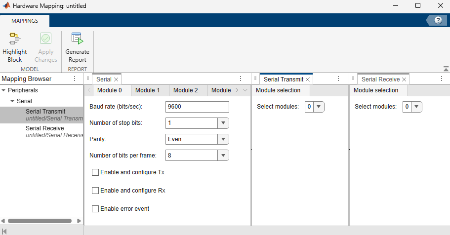 Serial peripheral configuration in Hardware Mapping Tool