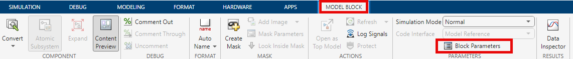 Configure block parameters of model block