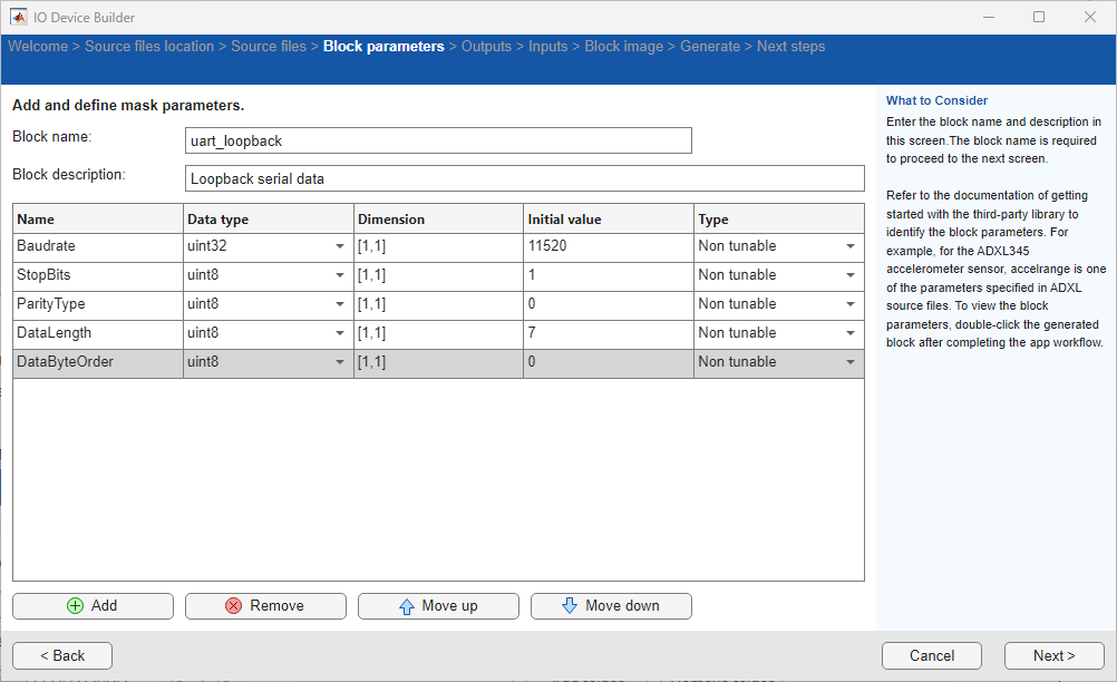 block parameters