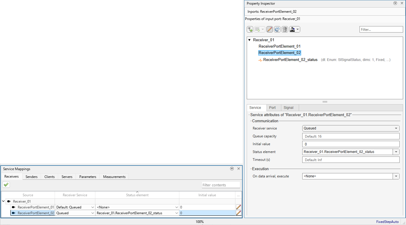 Service Mappings editor open with the Receivers tab selected. The Property Inspector displays the properties of the selected table entry.