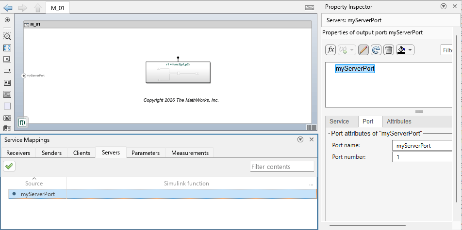 Model M_01 with the Service Mappings editor and the Property Inspector open. The new Server port, myServerPort, is selected.