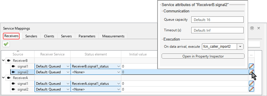 Service Mappings editor with the Receivers tab selected. The dialog box where you can set additional properties is open.