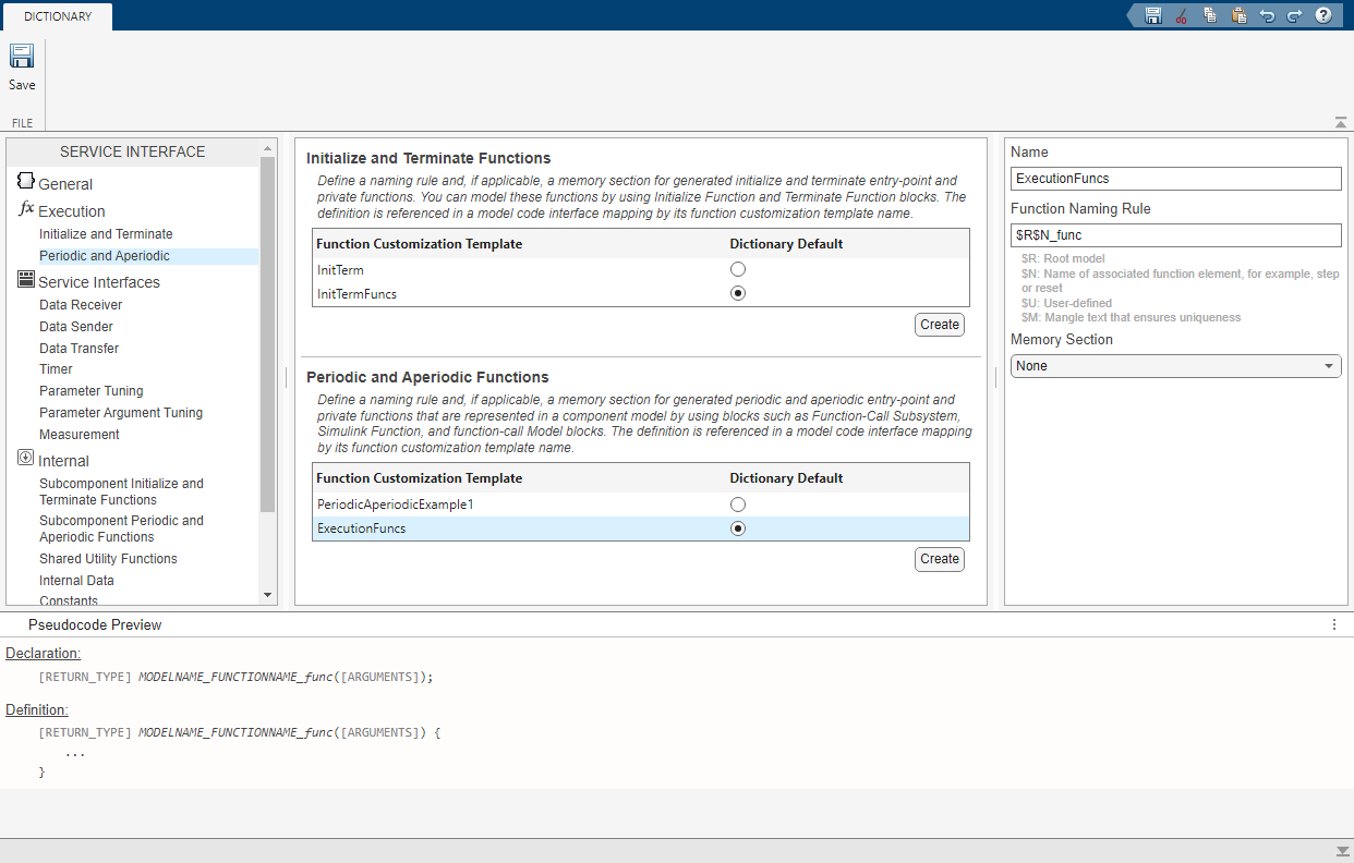 Coder dictionary showing the execution functions.