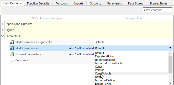 Code Mappings editor with Data Defaults tab selected, Parameters tree node expanded, and storage class for Model parameters set to ConstVolatile.