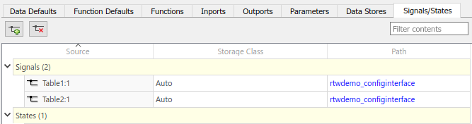 Code Mappings editor with Signals/States tab selected and Signals tree node expanded, listing signals Table1:1 and Table2:1.