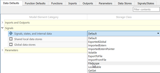 Code Mappings editor with Data Defaults tab selected, Signals tree node expanded, and storage class for Signals, states, and internal data set to FileScope.