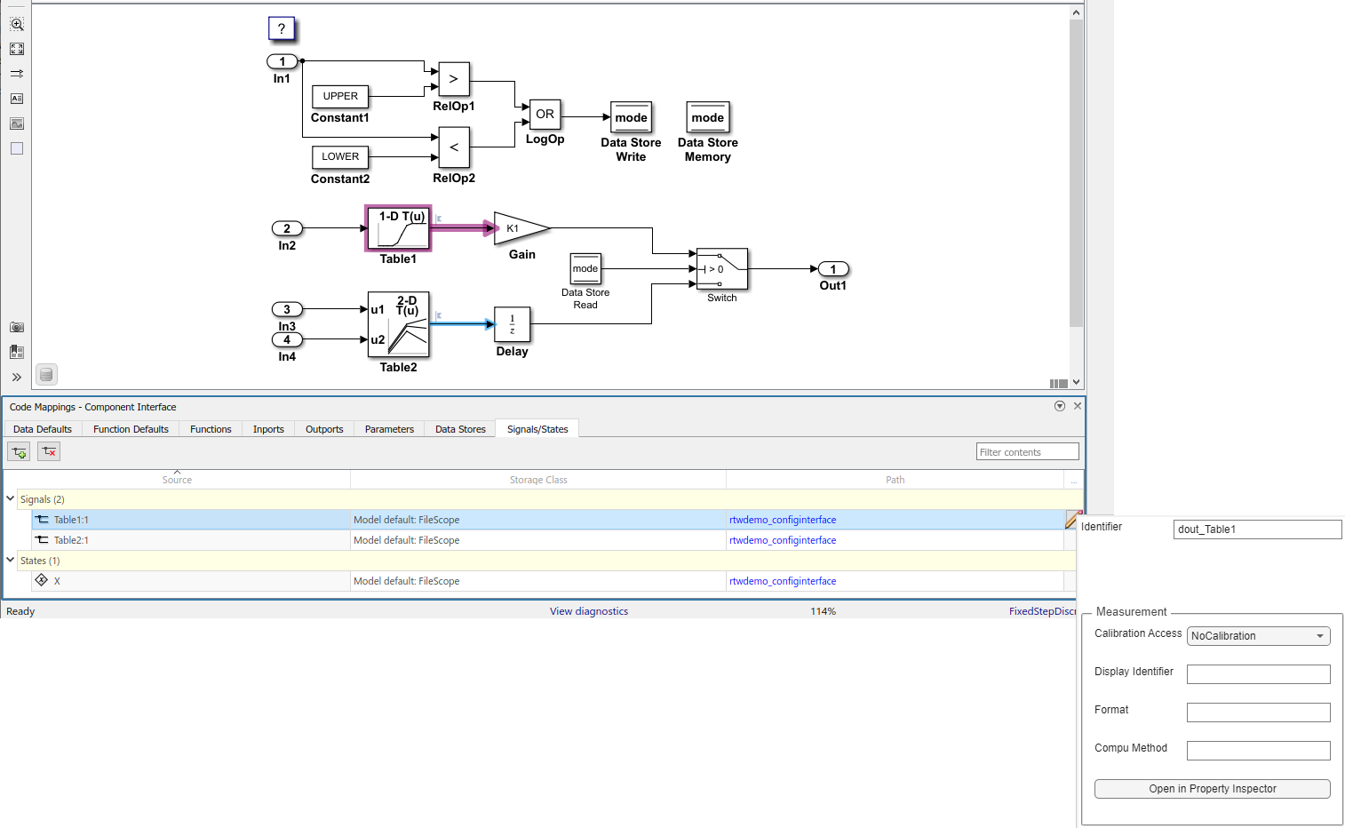 Code Mappings editor with Signals/States tab selected, Signals tree node expanded, and storage class for signals Table1:1 and Table2:1 set to Model default: FileScope. Mapping Inspector shows Identifer property for signal Table1:1 set to dout_Table1.