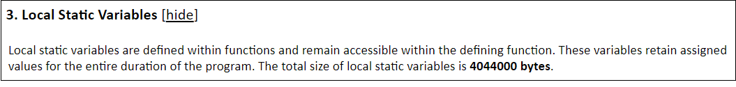 Local Static Variables section highlighting that they are defined within functions and accessible only within the defining functions and these variables maintain their assigned values throughout the entire duration of the program. It also specifies their total size in the generated code.