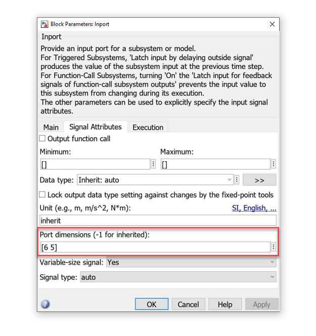 Inport block configured for passing variable-size signals with finite upper bound