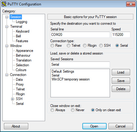 Use the PuTTY Configuration dialog box to configure the connection.