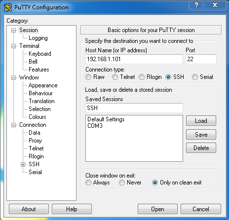 Use the PuTTY Configuration dialog box to configure the connection.