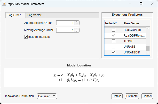 Screen shot of the regARMA Model Parameters dialog box showing parameter settings. "Details". "Estimate", and "Cancel" buttons are at the bottom right corner of the dialog box.