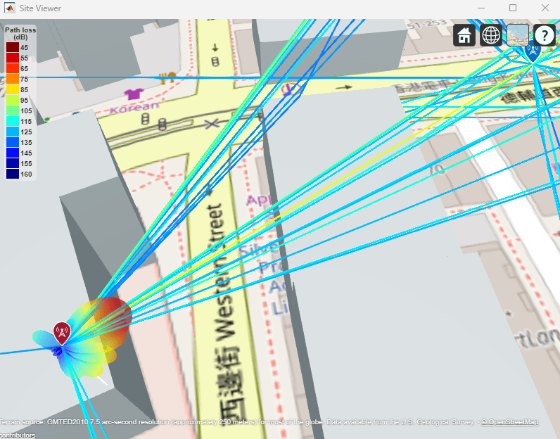 Overlay of gNB radiation pattern and the rays between the gNB and the UE when the radiation pattern comes from an SVD calculation.