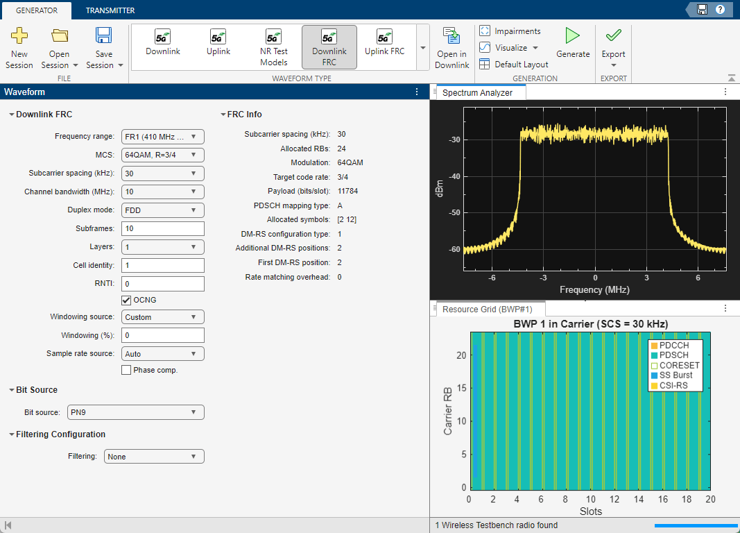 Screencap of the Wireless Waveform Generator app configured with the specified downlink FRC parameters.