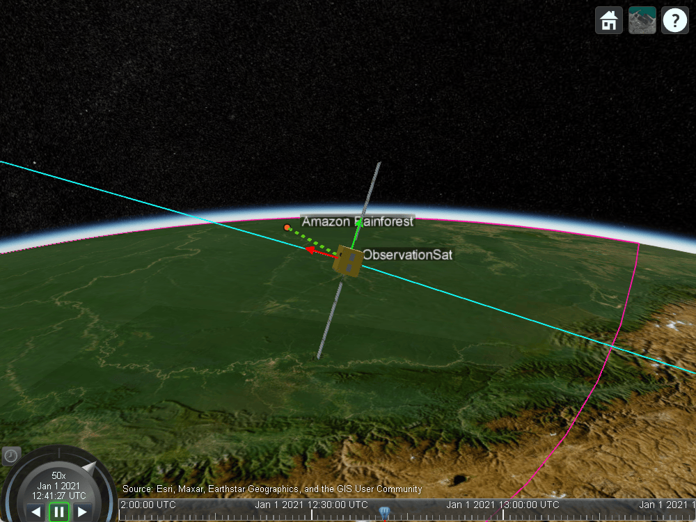 Satellite scenario viewer of satellite nearing Amazon Rainforest