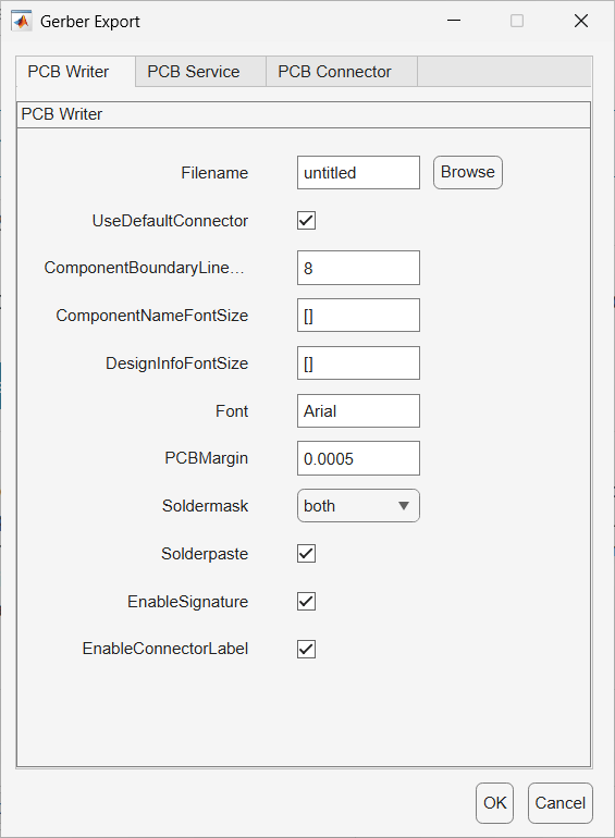 A screenshot of the “Gerber Export” settings window with four tabs at the top: “PCB Writer,” “PCB Service,” “PCB Connector,” and again “PCB Writer,” which is selected. The panel displays various export options including a filename field set to “untitled” with a “Browse” button. Several checkboxes appear, including “UseDefaultConnector,” “Solderpaste,” “EnableSignature,” and “EnableConnectorLabel,” all checked. Text fields include values such as “8” for ComponentBoundaryLine, empty brackets for ComponentNameFontSize and DesignInfoFontSize, “Arial” for Font, and “0.0005” for PCBMargin. A dropdown menu labeled “Soldermask” is set to “both.” At the bottom, there are “OK” and “Cancel” buttons.