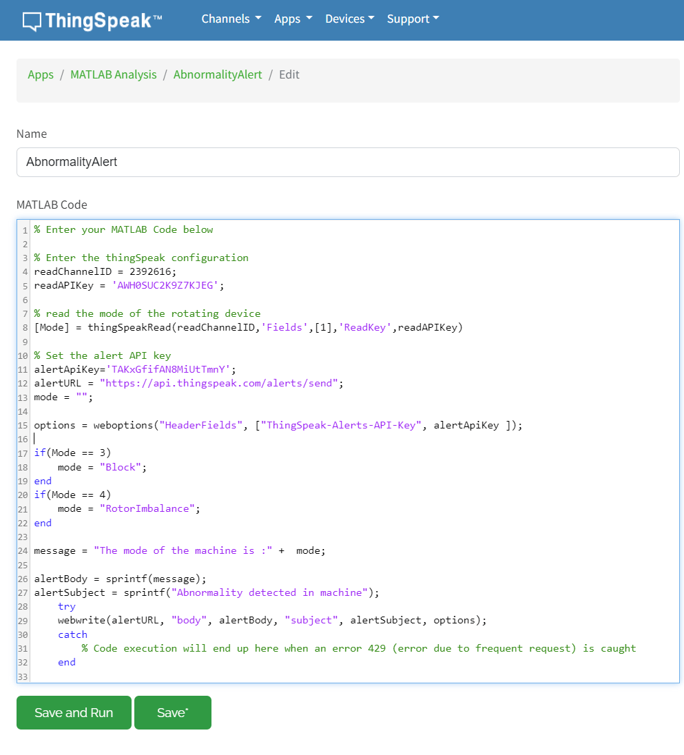 Figure shows how to set the Name to AbnormalityAlert and enter the code in the MATLAB Code window.