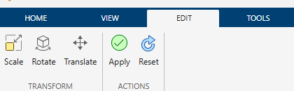 Edit tab of Asset Generator app, displaying scale, rotate, and translate options.