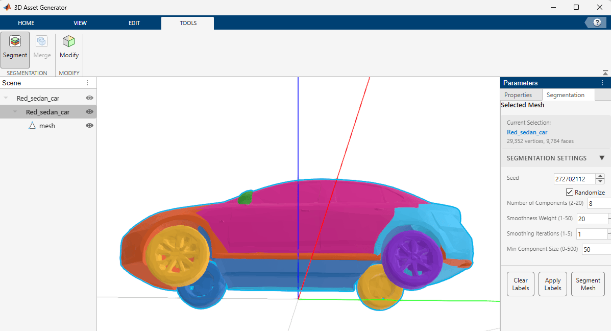 Segmented car mesh with color-coded segments showing body, wheels, and other parts