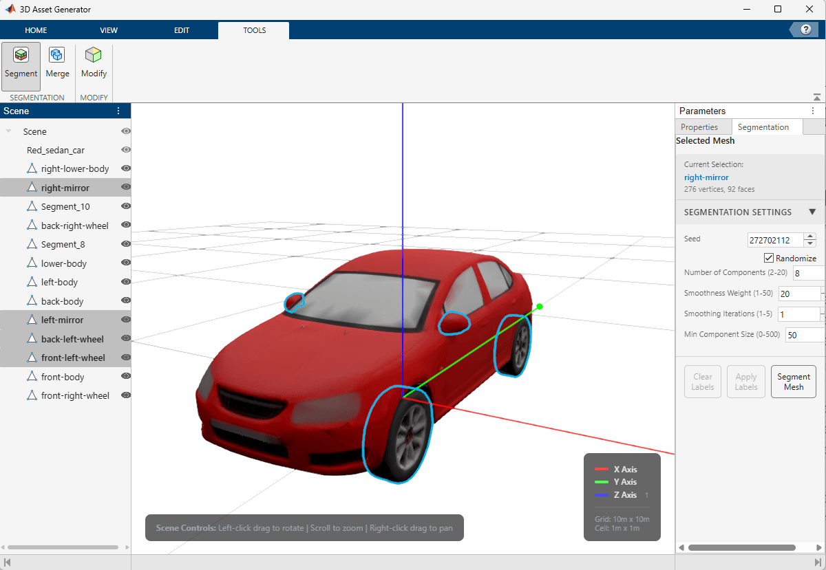 Segmented car mesh with labeled segments showing left wheels, and mirrors