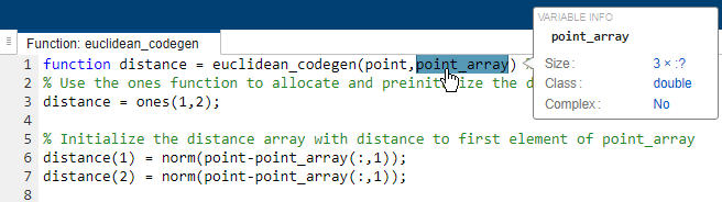 Code generation report, showing size and class of point_array