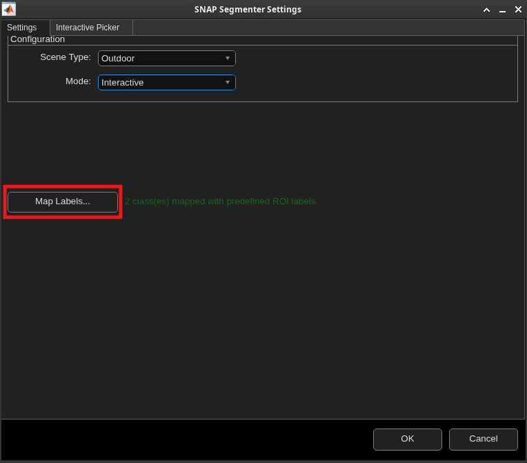 SNAP Segmenter Settings dialog with Scene Type set to Outdoor and Mode set to Interactive