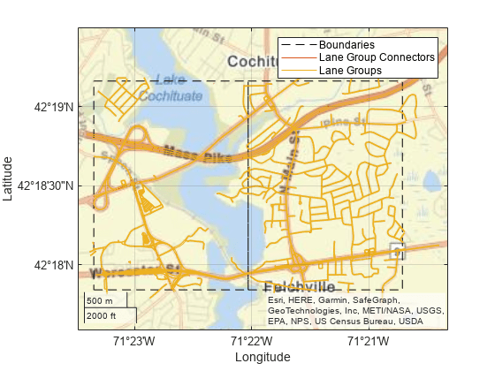 Figure contains an axes object with type geoaxes. The geoaxes object contains 3 objects of type line. These objects represent Boundaries, Lane Group Connectors, Lane Groups.